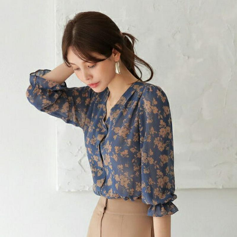 Vネック花柄ブラウス・全2色・b63577 レディース【bl】【韓国 ファッション トップス ブラウス 半端丈 七分丈 七分袖 