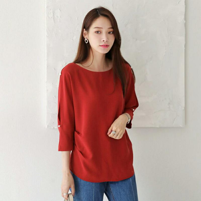 パールスリットスリーブブラウス・全3色・b63576 レディース【bl】【韓国 ファッション トップス ブラウス 七分丈 七分袖