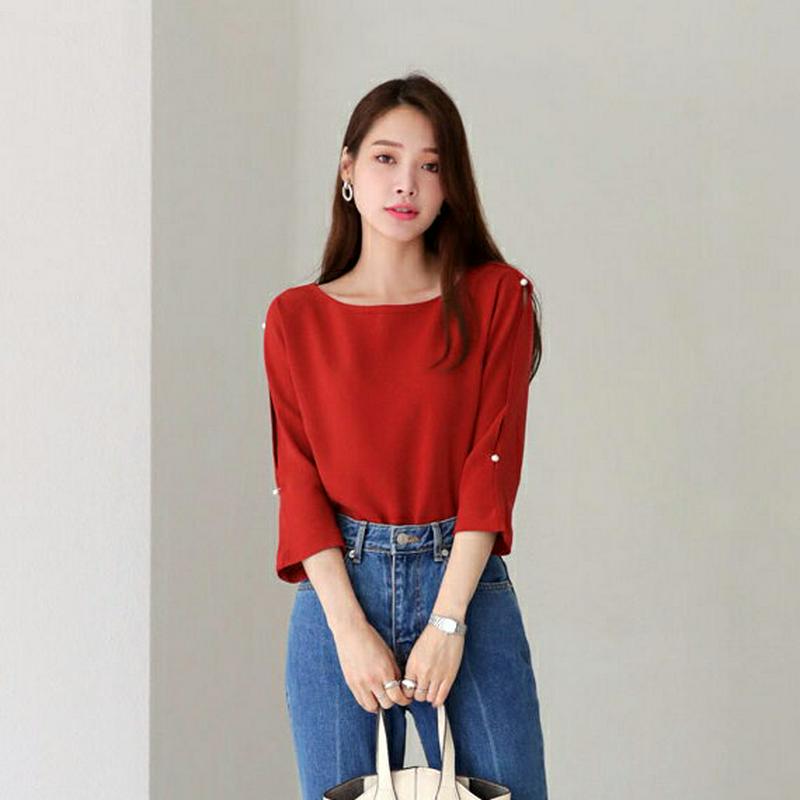 パールスリットスリーブブラウス・全3色・b63576 レディース【bl】【韓国 ファッション トップス ブラウス 七分丈 七分袖