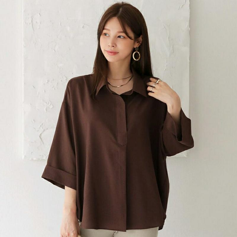 ロールアップカラーブラウス・全3色・b63578 レディース【bl】【韓国 ファッション トップス ブラウス 半端丈 七分丈 七
