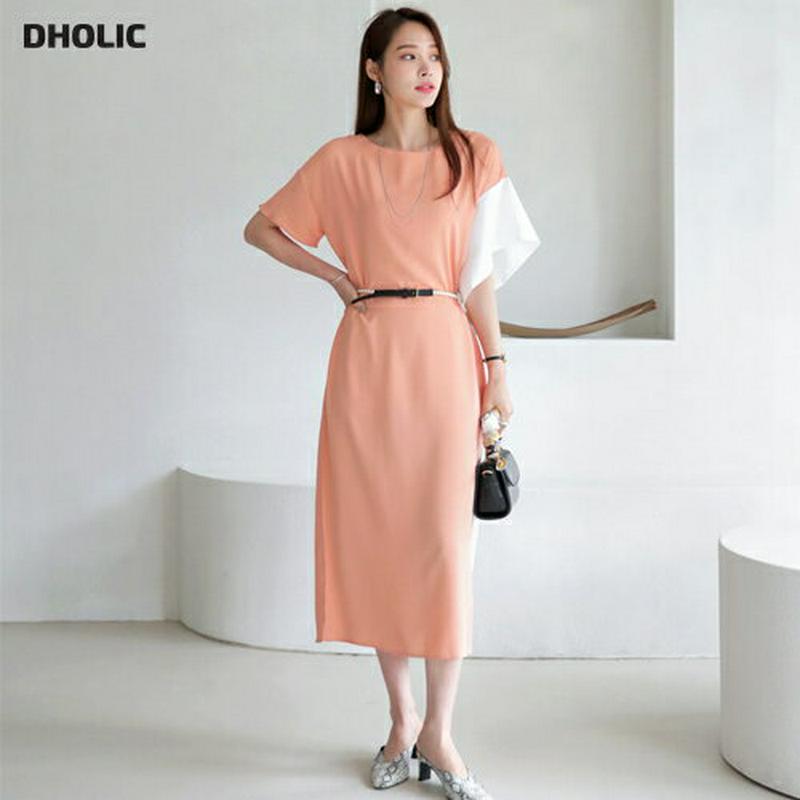 バイカラーワンピース・全3色・b63581 レディース【ops】 韓国 ファッション ワンピース ロング ロングワンピース 半袖 ハーフスリーブ バイカラー 個性的 ユニーク ゆったり ラフ コントラスト カジュアル 春 夏 ハイホリHIHOLLI