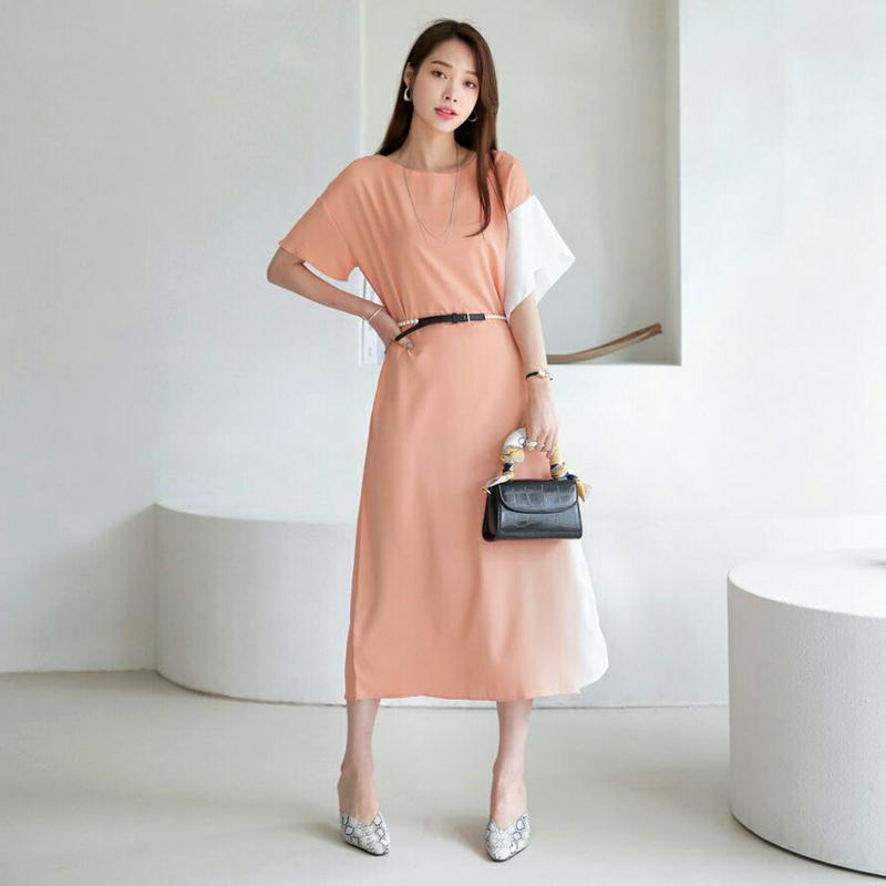バイカラーワンピース・全3色・b63581 レディース【ops】 韓国 ファッション ワンピース ロング ロングワンピース 半袖 ハーフスリーブ バイカラー 個性的 ユニーク ゆったり ラフ コントラスト カジュアル 春 夏 ハイホリHIHOLLI