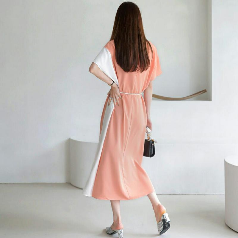 バイカラーワンピース・全3色・b63581 レディース【ops】 韓国 ファッション ワンピース ロング ロングワンピース 半袖 ハーフスリーブ バイカラー 個性的 ユニーク ゆったり ラフ コントラスト カジュアル 春 夏 ハイホリHIHOLLI