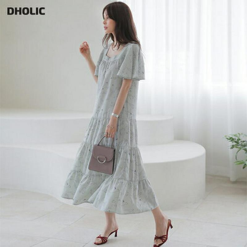 花柄ティアードスクエアワンピース・全2色・b63584 レディース【ops】【韓国 ファッション ワンピース ロング ロングワン