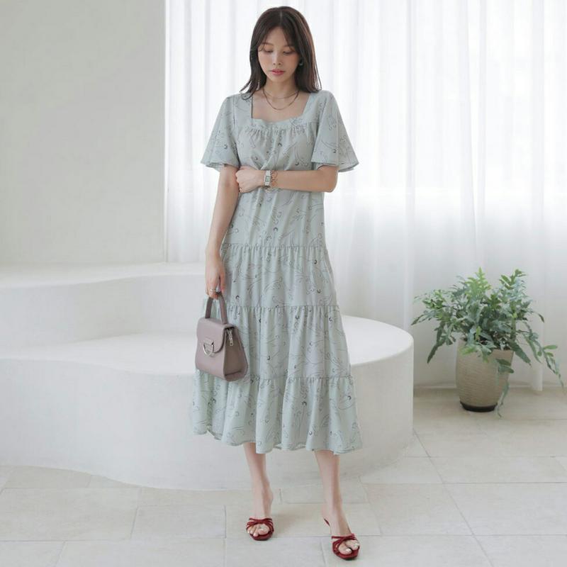 花柄ティアードスクエアワンピース・全2色・b63584 レディース【ops】【韓国 ファッション ワンピース ロング ロングワン