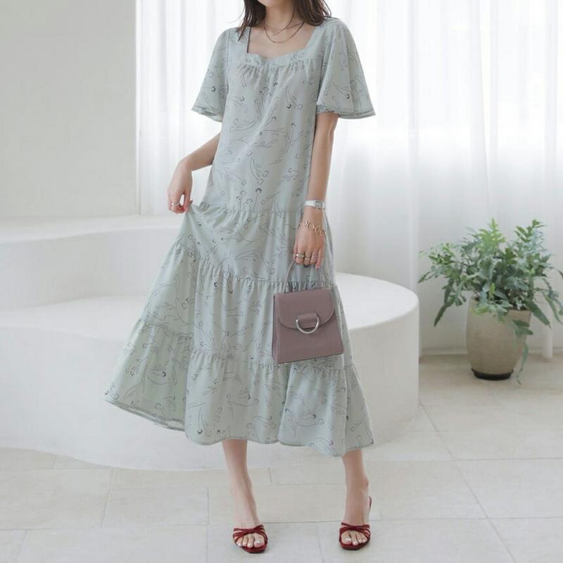 花柄ティアードスクエアワンピース・全2色・b63584 レディース【ops】【韓国 ファッション ワンピース ロング ロングワン