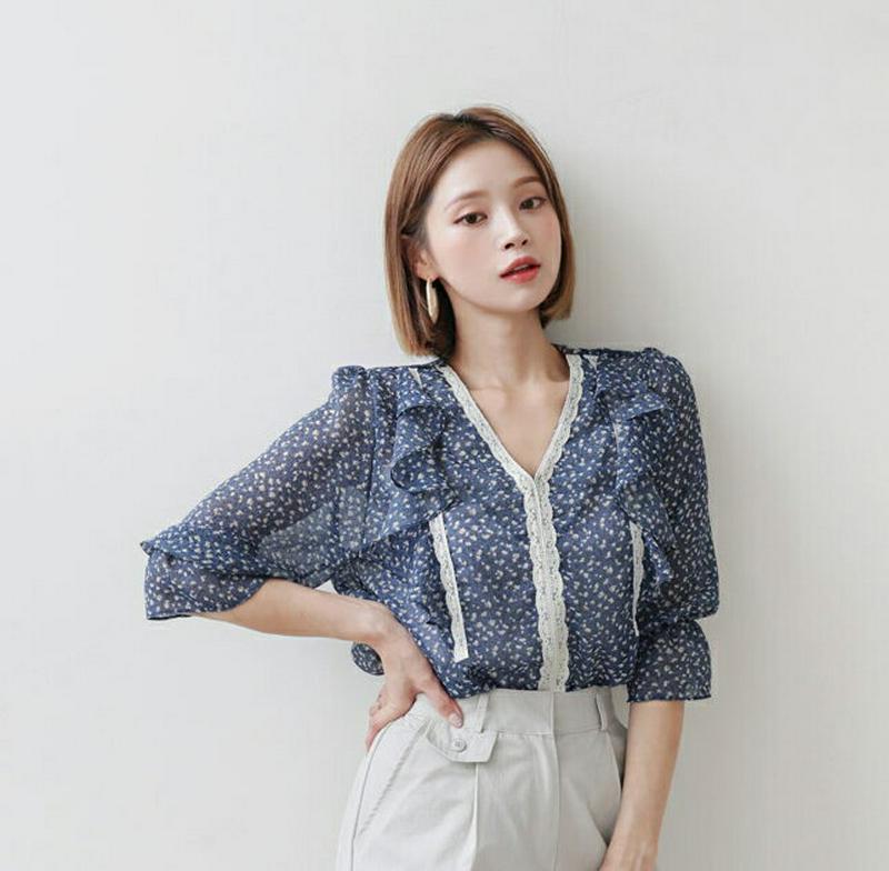 【新作10%OFF】レースラインフリル花柄ブラウス・全3色・t60551 レディース【bl】【韓国 ファッション トップス ブラ