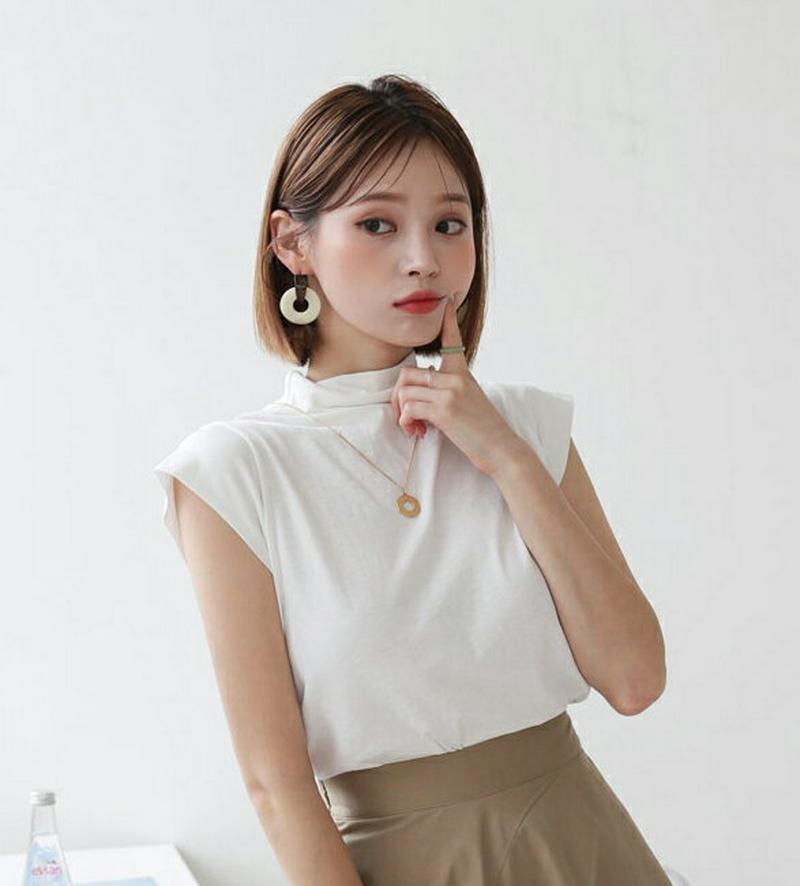 【新作10%OFF】ハーフネックタックTシャツ・全2色・t60543 レディース【tops】【韓国 ファッション トップス Tシ