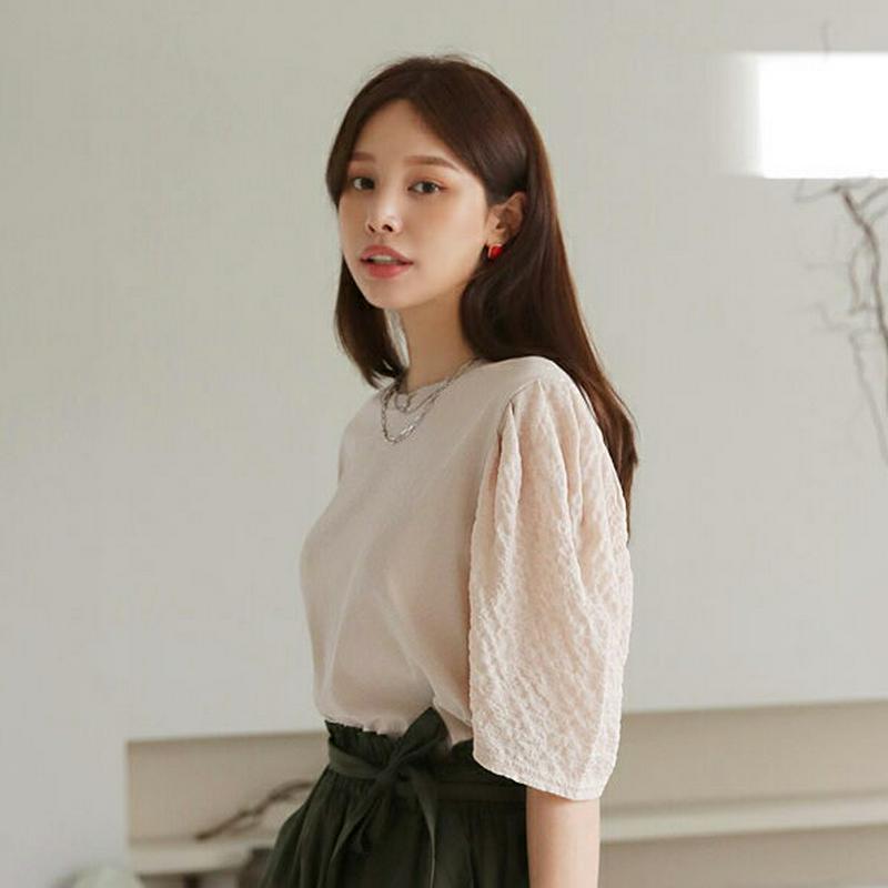 【新作10%OFF】テクスチャースリーブTシャツ・全3色・b63538 レディース【tops】【韓国 ファッション トップス T