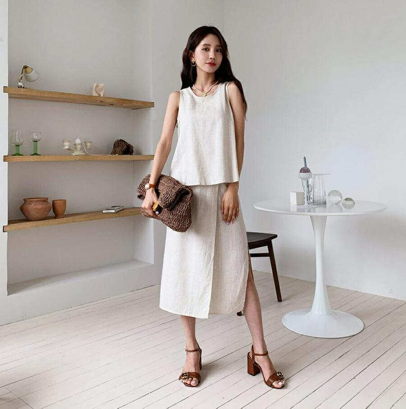 リネンスリーブレス&ベルトスカートSET・全3色・56634 レディース【ops】【韓国 ファッション ワンピース セットアップ