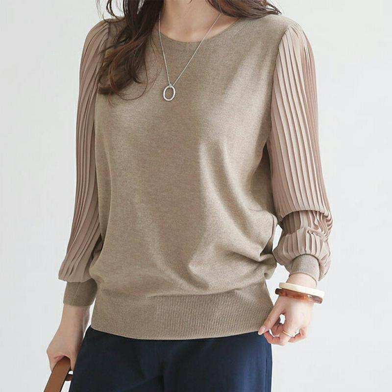 ≪人気商品再入荷≫プリーツスリーブニット・b63618 レディース【tops】 異素材ミックス 韓国ファッション トップス ニット 年上 ニットトップス プリーツ プリーツトップス 長袖 大人 袖コンシャス フェミニン 秋 ハイホリHIHOLLI