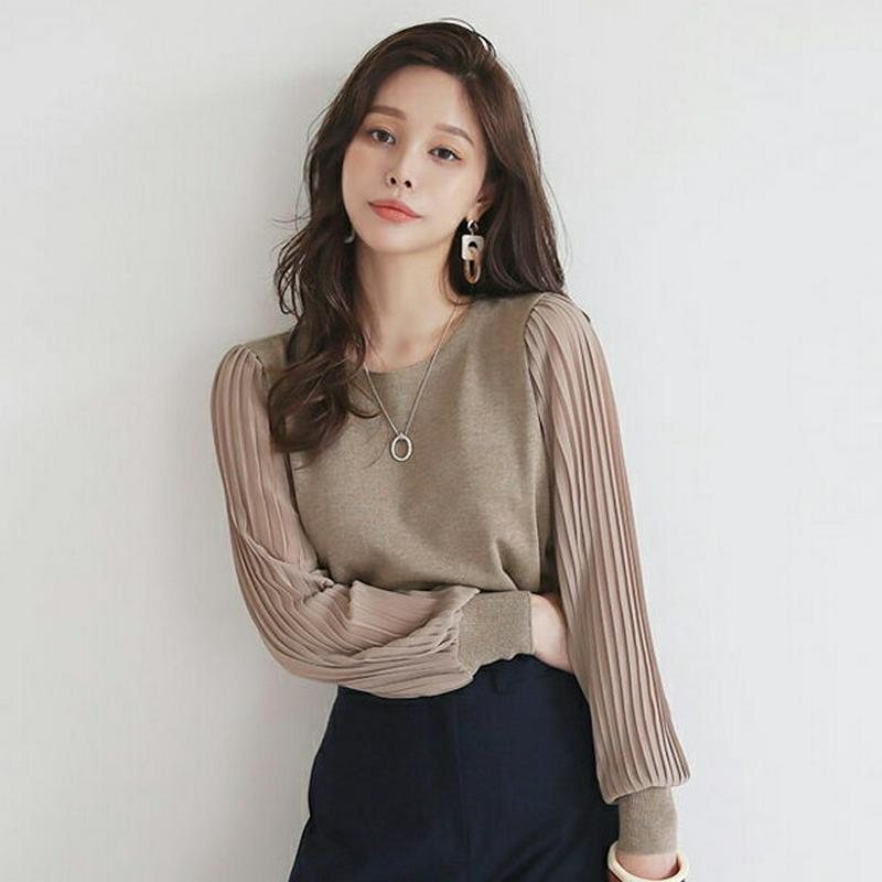 ≪人気商品再入荷≫プリーツスリーブニット・b63618 レディース【tops】 異素材ミックス 韓国ファッション トップス ニット 年上 ニットトップス プリーツ プリーツトップス 長袖 大人 袖コンシャス フェミニン 秋 ハイホリHIHOLLI