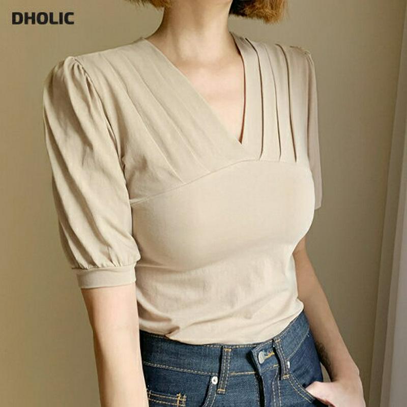 【配送遅延】【新作10%OFF】タックVネックTシャツ・全3色・t60575 レディース【tops】【韓国 ファッション トップ