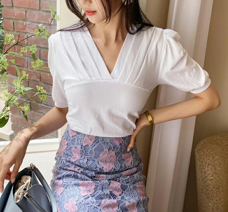 【配送遅延】【新作10%OFF】タックVネックTシャツ・全3色・t60575 レディース【tops】【韓国 ファッション トップ