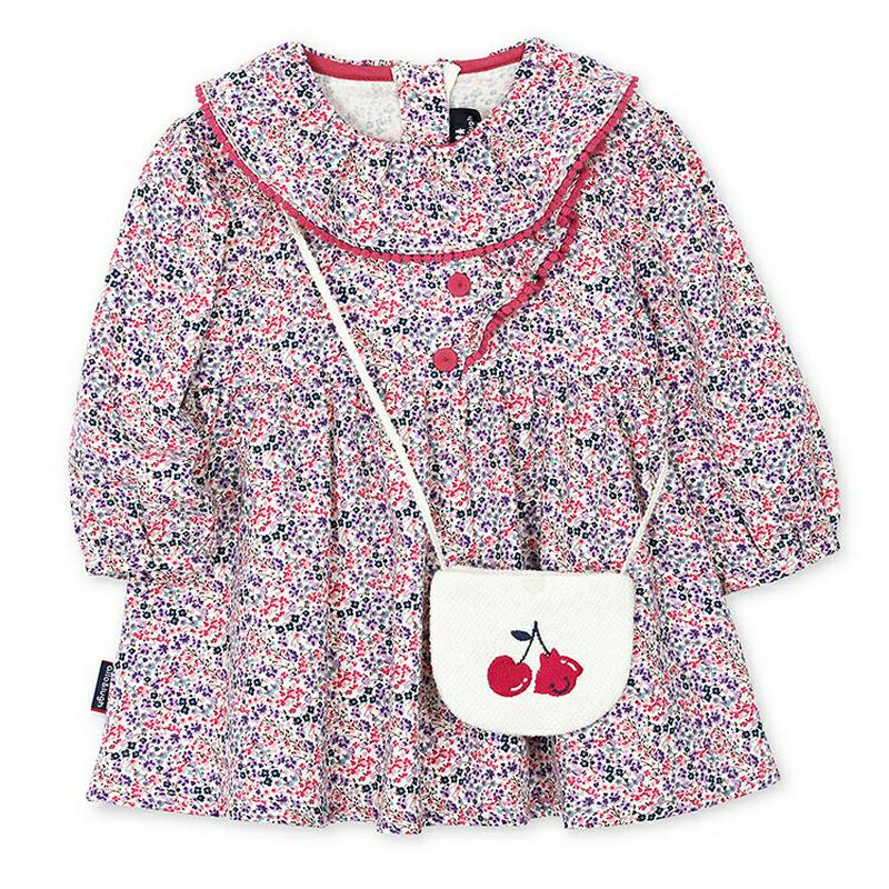 【新作10%OFF】バッグ付ラッフルカラー花柄ワンピース・p004876 キッズ【3~8才】【ops】【ワンピース 長袖 ミディ