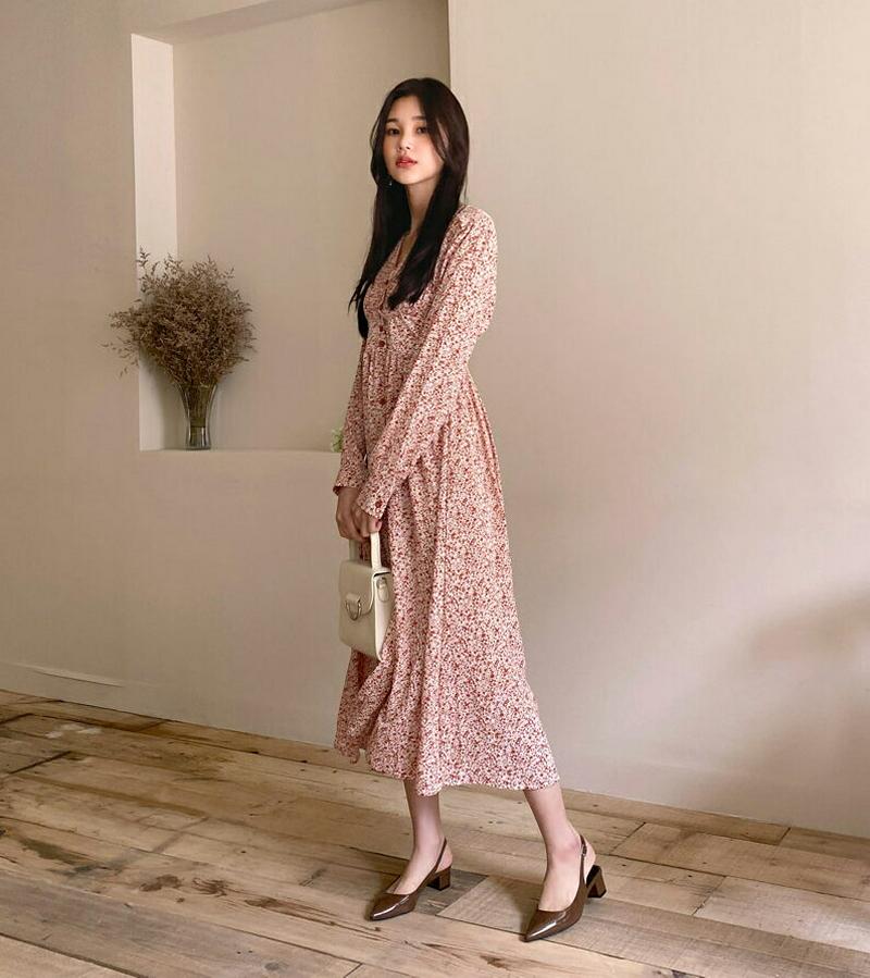 【新作10%OFF】Vネックプリーツ花柄ワンピース・全3色・t60592 レディース【ops】【韓国 ファッション ワンピース 