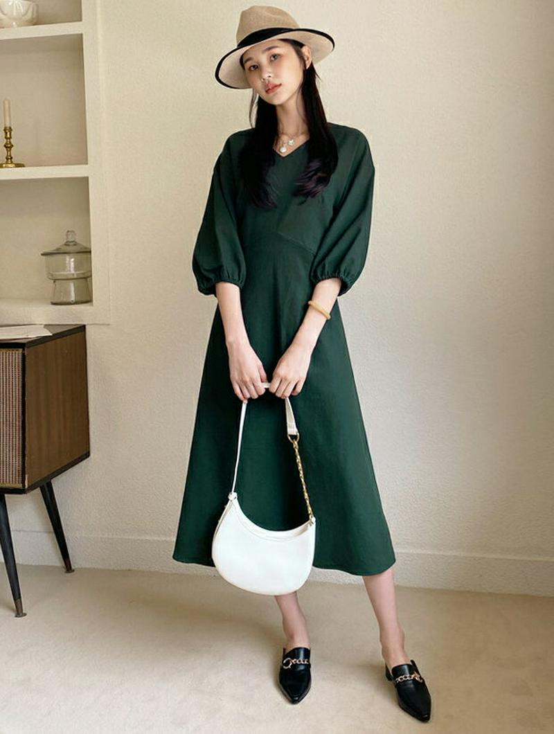 【新作10%OFF】Vネックパフワンピース・全4色・t60591 レディース【ops】【韓国 ファッション ワンピース ロングワ