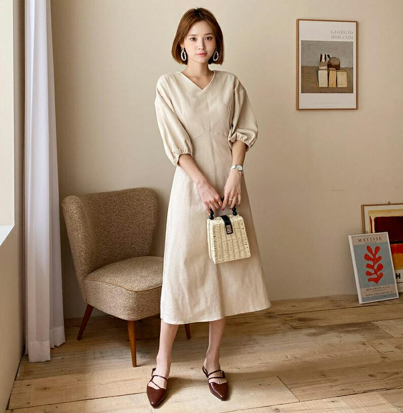 【新作10%OFF】Vネックパフワンピース・全4色・t60591 レディース【ops】【韓国 ファッション ワンピース ロングワ