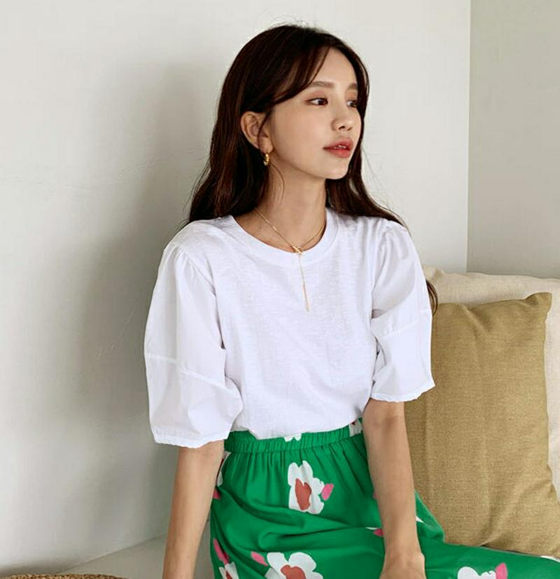 【配送遅延】コントラストパフスリーブTシャツ・全2色・b60447 レディース【tops】【韓国 ファッション トップス Tシャ