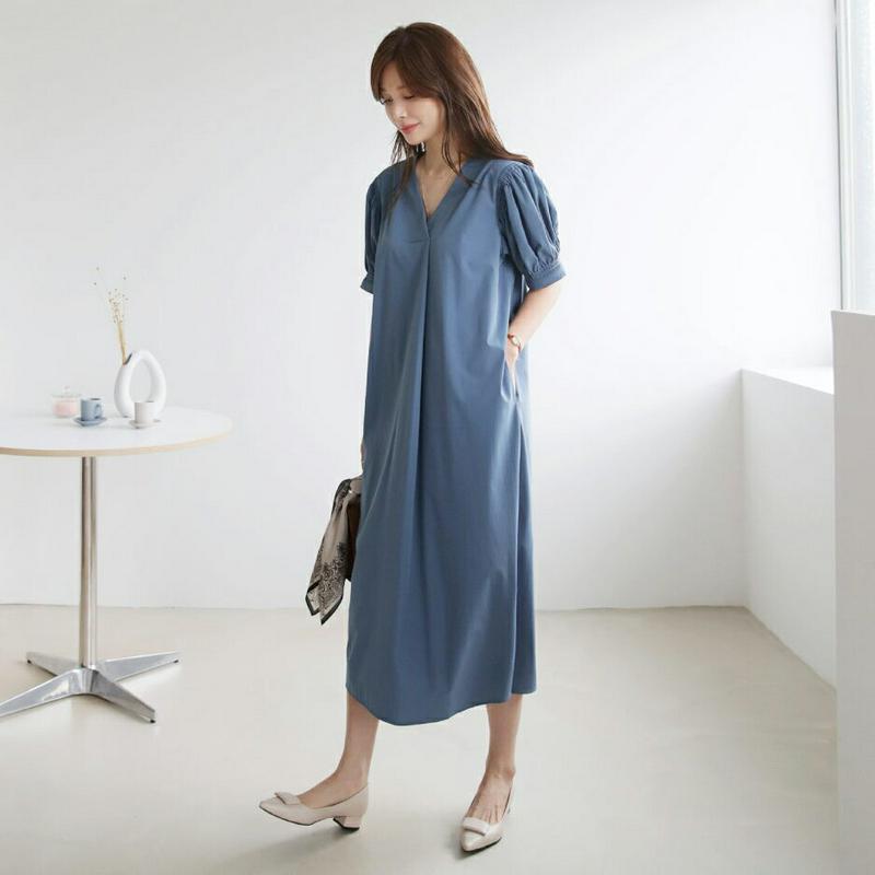 【配送遅延】【新作10%OFF】ギャザーVネックワンピース・全3色・b63701 レディース【ops】【韓国 ファッション ワン