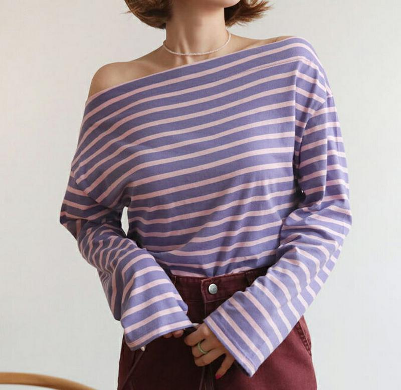 【配送遅延】【新作10%OFF】ボーダーボートネックTシャツ・全3色・t47932 レディース【tops】【韓国 ファッション 