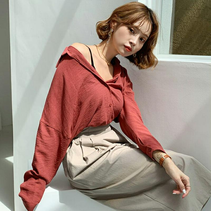【配送遅延】2WAYルーズシャツ・全3色・t56686 レディース【bl】【韓国 ファッション トップス シャツ ロングスリーブ