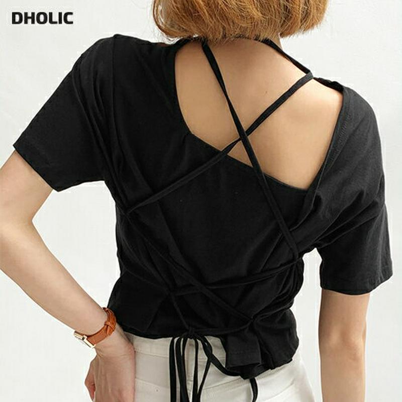 【配送遅延】【新作10%OFF】スリットバックレースアップTシャツ・全3色・t56691 レディース【tops】【韓国 ファッシ