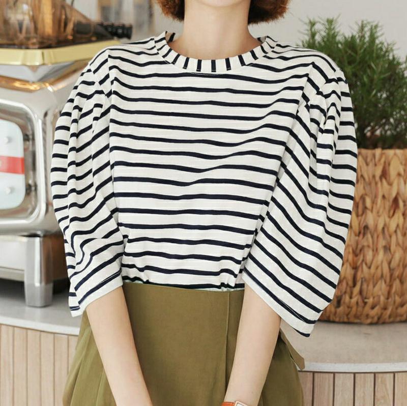 ボーダーパフTシャツ・全3色・b56696 レディース【tops】【韓国 ファッション トップス Tシャツ ラウンドネック 肘丈