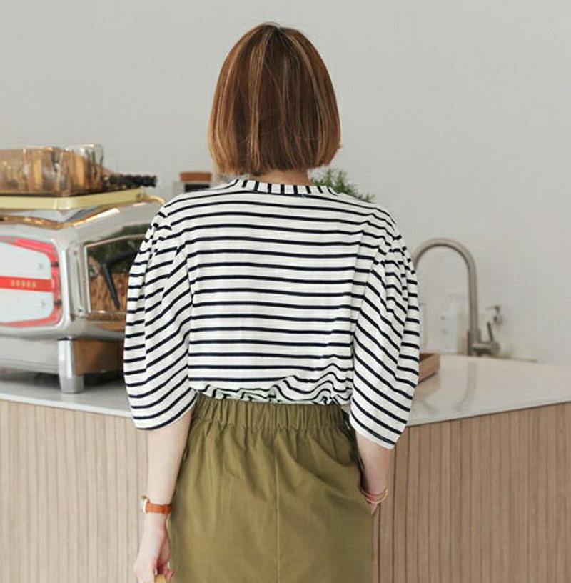 ボーダーパフTシャツ・全3色・b56696 レディース【tops】【韓国 ファッション トップス Tシャツ ラウンドネック 肘丈