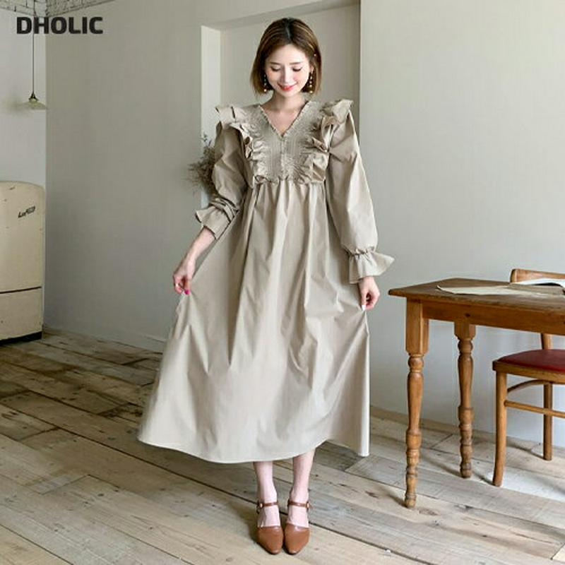 フリルVネックワンピース・全2色・b60593 レディース【ops】【韓国 ファッション ワンピース 長袖 ロングスリーブ シャ