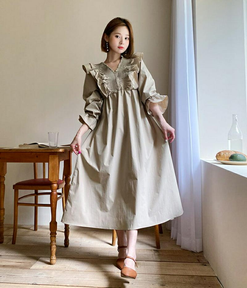 フリルVネックワンピース・全2色・b60593 レディース【ops】【韓国 ファッション ワンピース 長袖 ロングスリーブ シャ