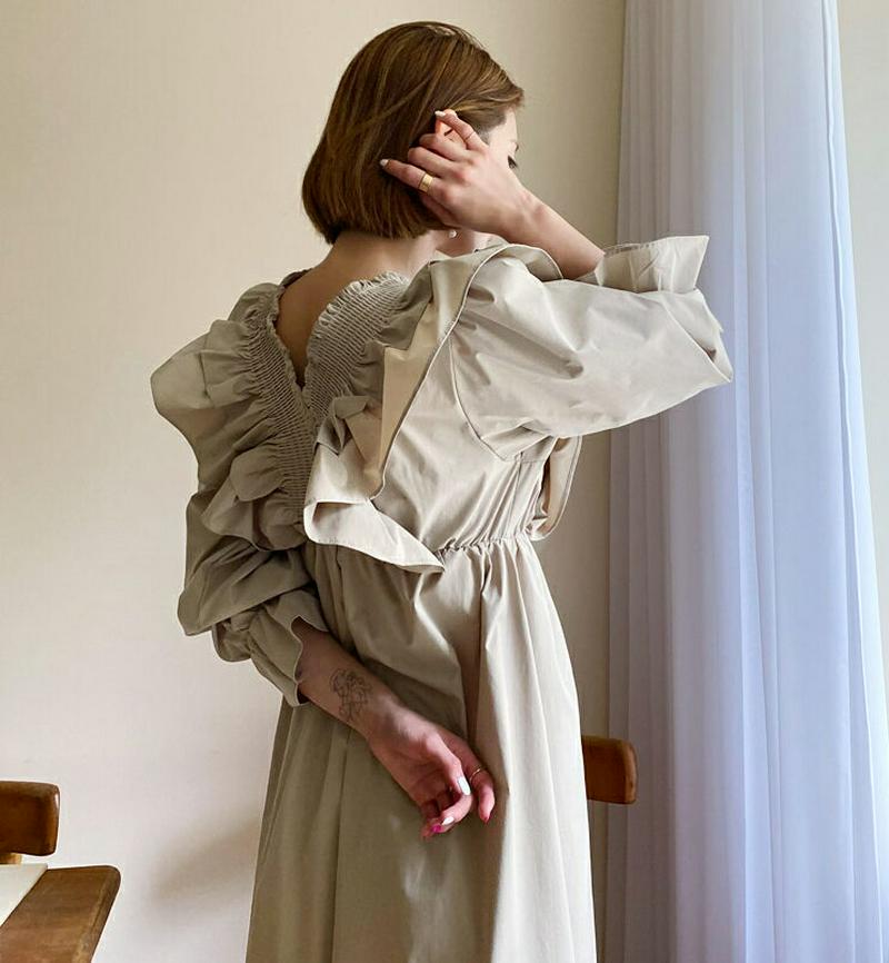 フリルVネックワンピース・全2色・b60593 レディース【ops】【韓国 ファッション ワンピース 長袖 ロングスリーブ シャ