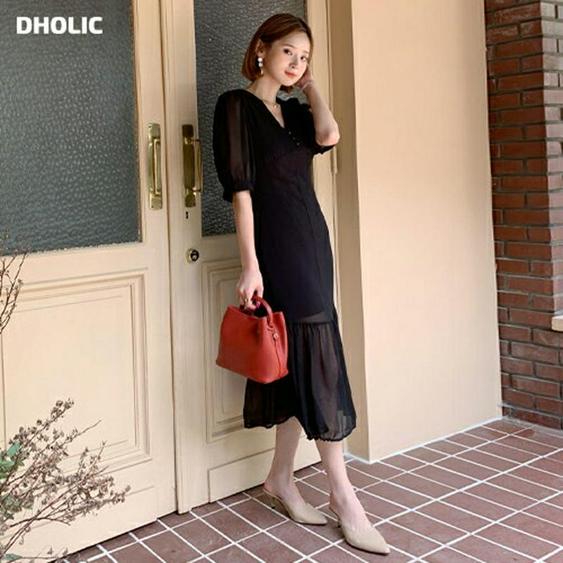 【配送遅延】Vネックシフォンワンピース・全2色・t60590 レディース【ops】【韓国 ファッション ワンピース ロングワンピ