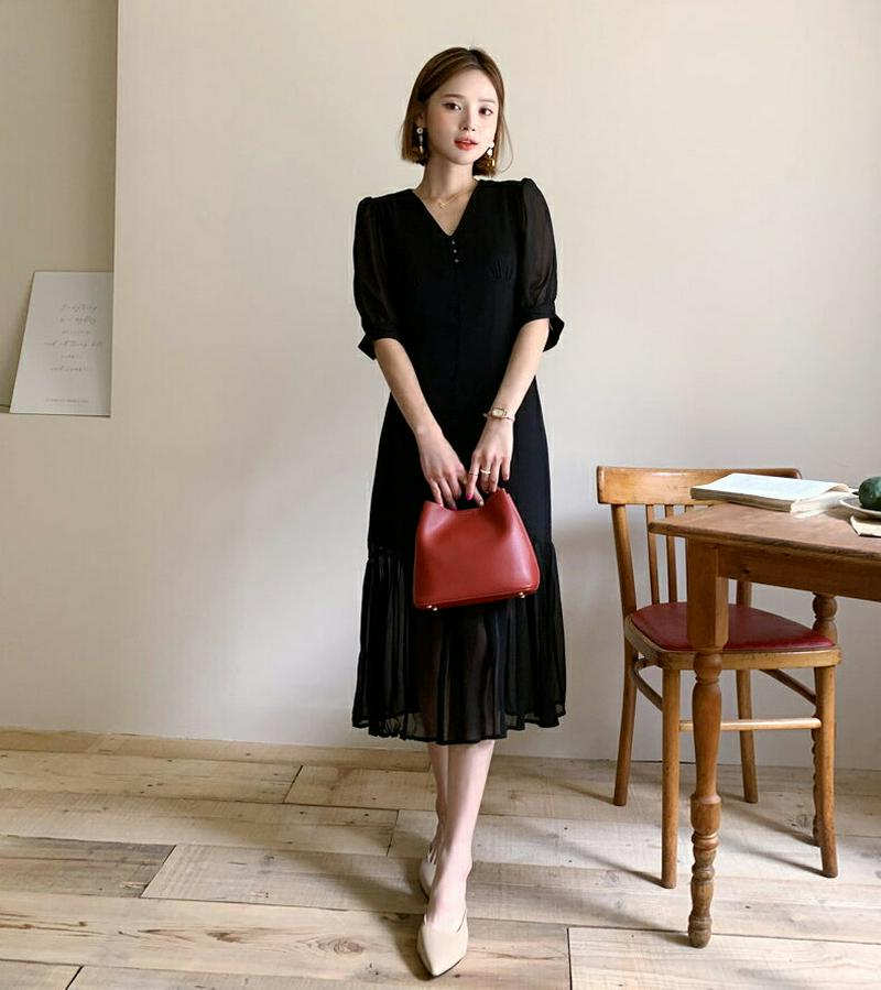 【配送遅延】Vネックシフォンワンピース・全2色・t60590 レディース【ops】【韓国 ファッション ワンピース ロングワンピ