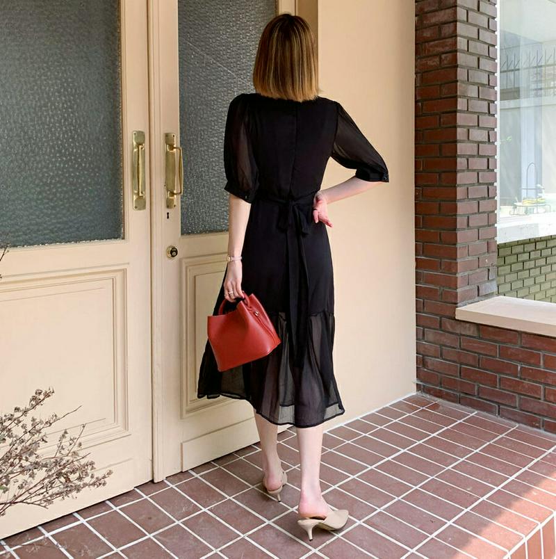 【配送遅延】Vネックシフォンワンピース・全2色・t60590 レディース【ops】【韓国 ファッション ワンピース ロングワンピ