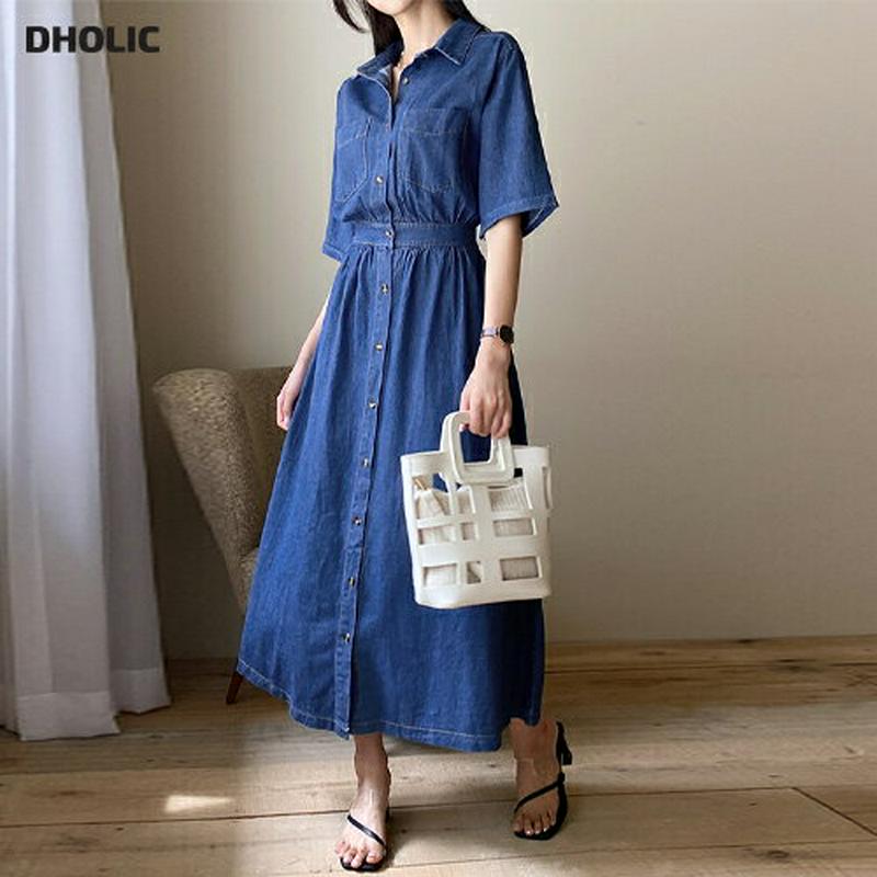 デニムシャツワンピース・全2色・t60589 レディース【ops】【韓国 ファッション ワンピース ロングワンピース 半袖 ハー