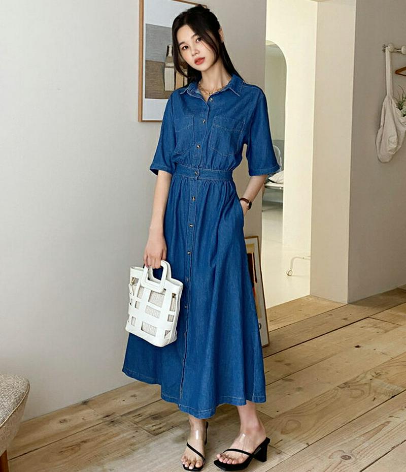 デニムシャツワンピース・全2色・t60589 レディース【ops】【韓国 ファッション ワンピース ロングワンピース 半袖 ハー