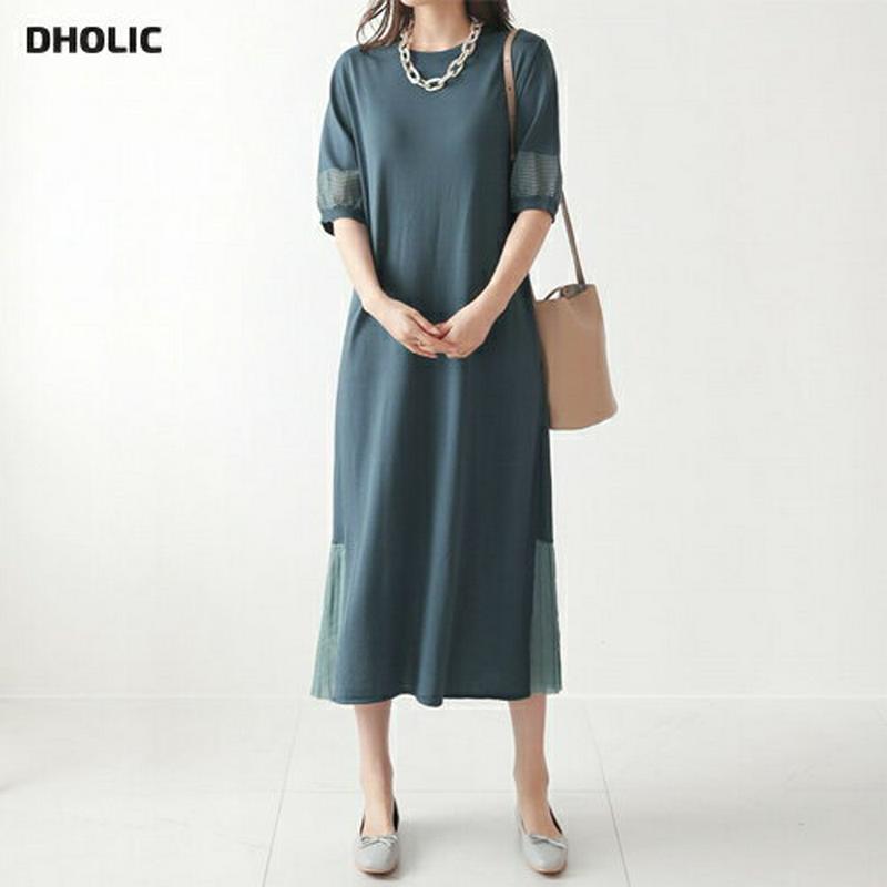 【只今10%OFF】プリーツポイントワンピース・全4色・b63621 レディース【ops】【韓国 ファッション ワンピース ロング ロングワンピース 半袖 ハーフスリーブ プリーツ プリーツワンピース 単色 シンプル 配色 カジュアル 大人 春 夏】【ハイホリHIHOLLI】