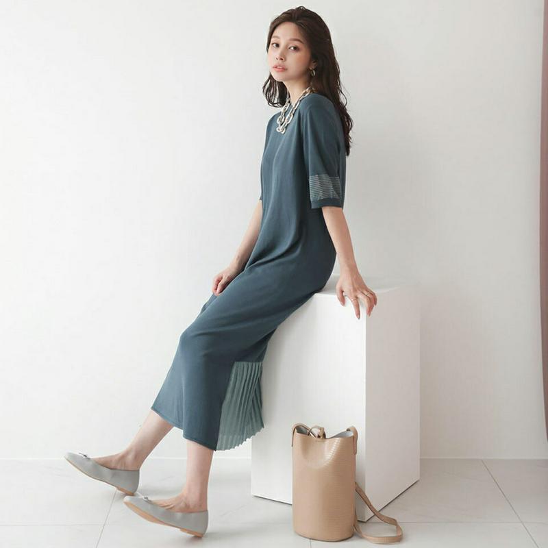 【只今10%OFF】プリーツポイントワンピース・全4色・b63621 レディース【ops】【韓国 ファッション ワンピース ロング ロングワンピース 半袖 ハーフスリーブ プリーツ プリーツワンピース 単色 シンプル 配色 カジュアル 大人 春 夏】【ハイホリHIHOLLI】