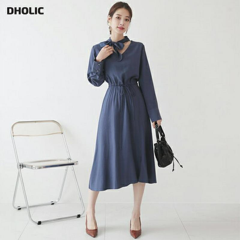 【配送遅延】リボンドロストワンピース・全3色・b63624 レディース【ops】【韓国 ファッション ワンピース ミディ丈 ミデ