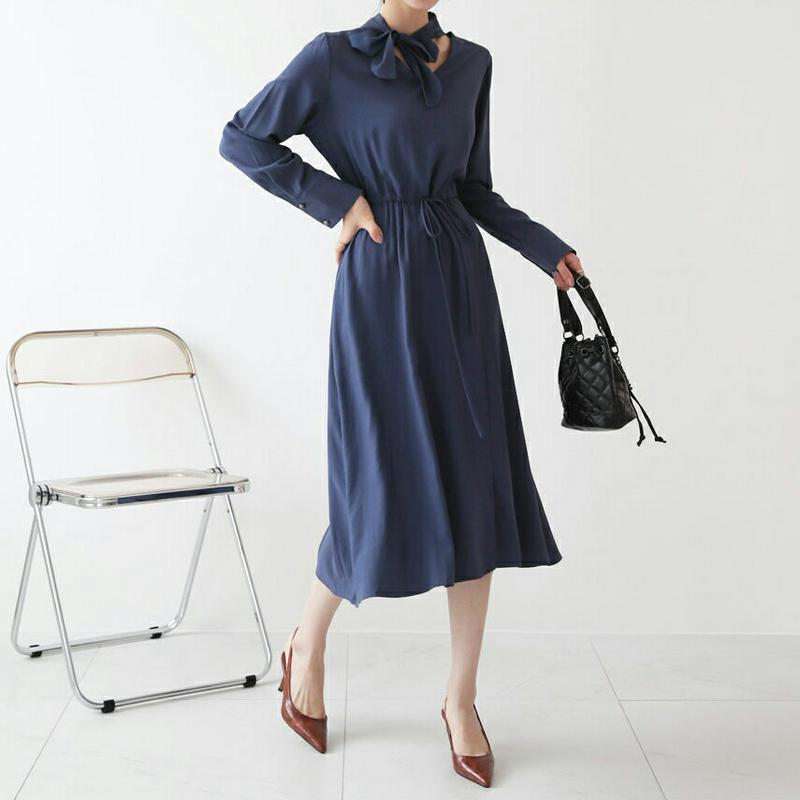 【配送遅延】リボンドロストワンピース・全3色・b63624 レディース【ops】【韓国 ファッション ワンピース ミディ丈 ミデ