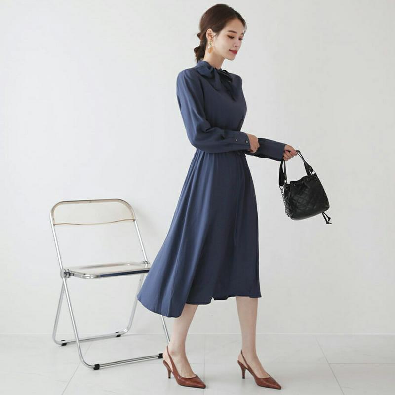 【配送遅延】リボンドロストワンピース・全3色・b63624 レディース【ops】【韓国 ファッション ワンピース ミディ丈 ミデ