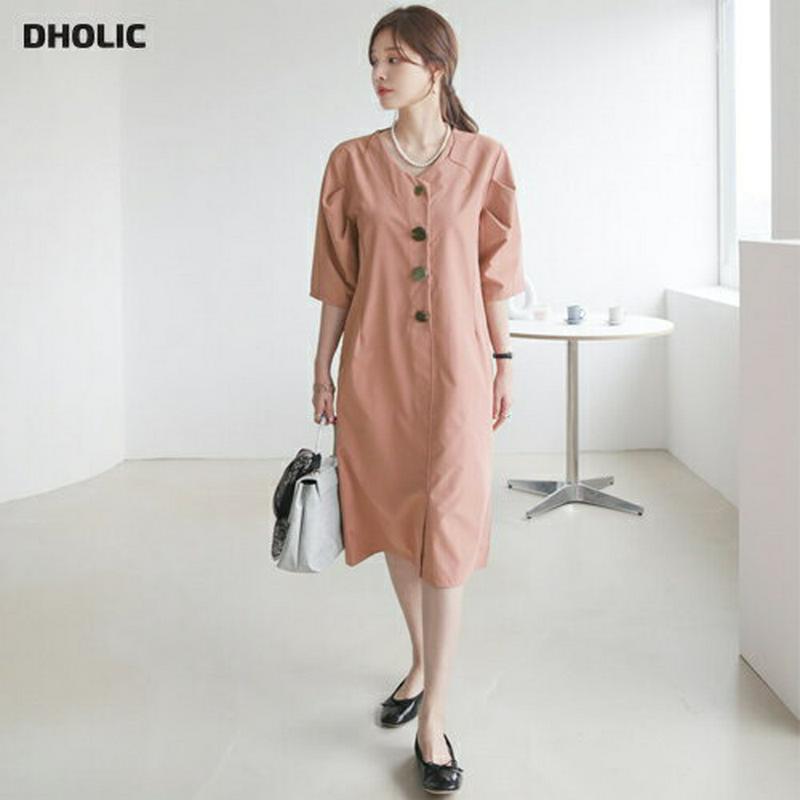 マルチボタンパフワンピース・全3色・b63703 レディース【ops】【韓国 ファッション ワンピース ミディ丈 ミディワンピー