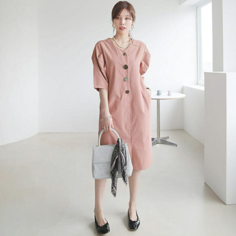 マルチボタンパフワンピース・全3色・b63703 レディース【ops】【韓国 ファッション ワンピース ミディ丈 ミディワンピー