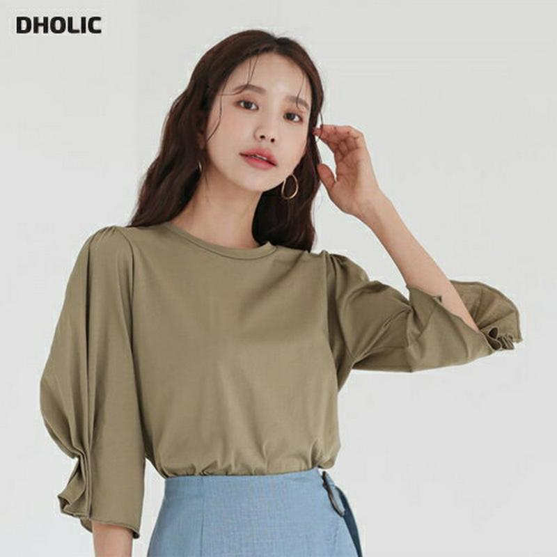 タックスリーブTシャツ・全4色・b56615 レディース【tops】 韓国ファッション トップス Tシャツ 綿 コットン 七分丈 七分丈スリーブ 七分袖 ラウンドネック スリット シンプル カジュアル 単色 無地 ラフ 大人 夏218