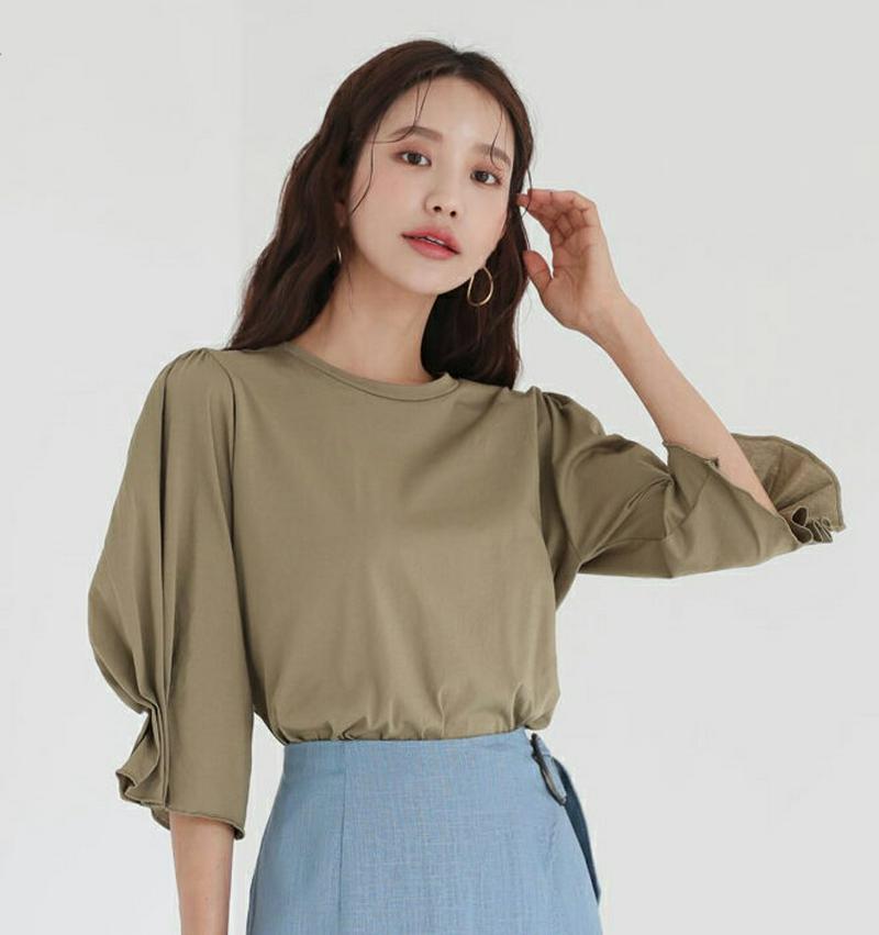タックスリーブTシャツ・全4色・b56615 レディース【tops】 韓国ファッション トップス Tシャツ 綿 コットン 七分丈 七分丈スリーブ 七分袖 ラウンドネック スリット シンプル カジュアル 単色 無地 ラフ 大人 夏218