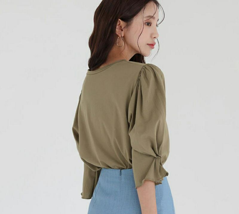 タックスリーブTシャツ・全4色・b56615 レディース【tops】 韓国ファッション トップス Tシャツ 綿 コットン 七分丈 七分丈スリーブ 七分袖 ラウンドネック スリット シンプル カジュアル 単色 無地 ラフ 大人 夏218