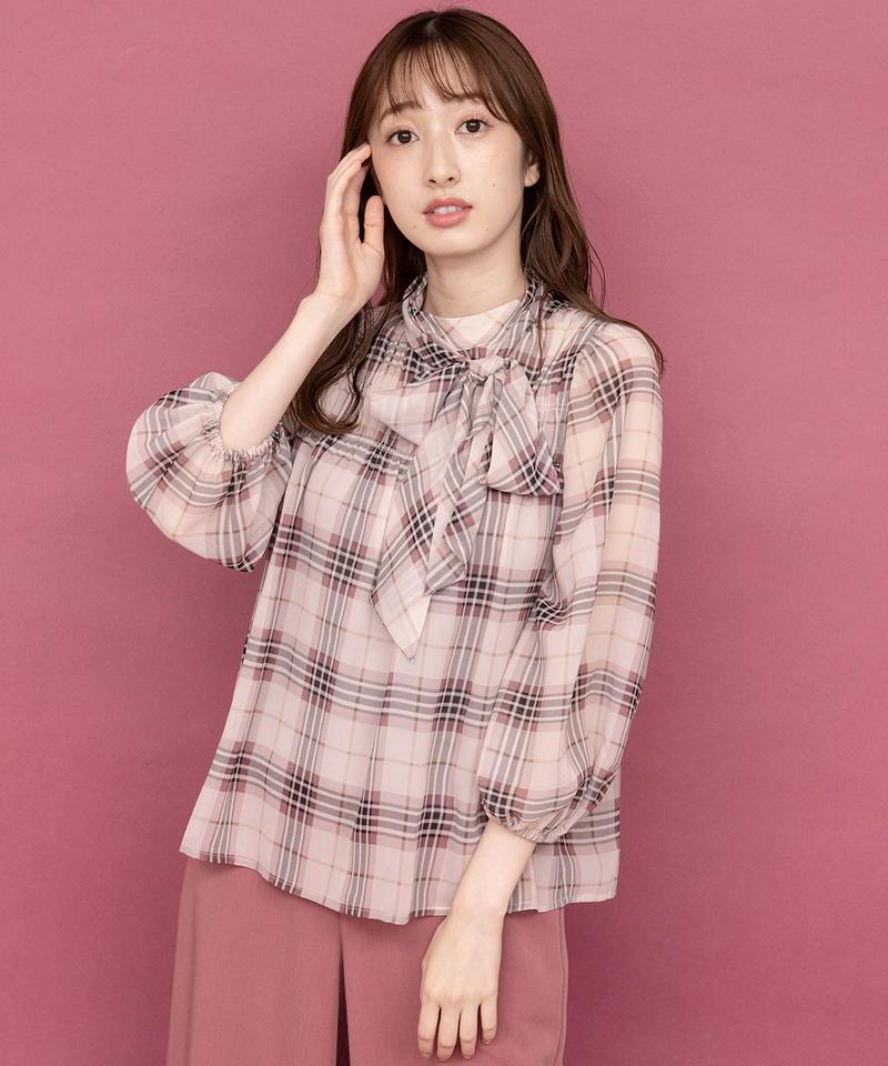 シフォンチェックリボンブラウス