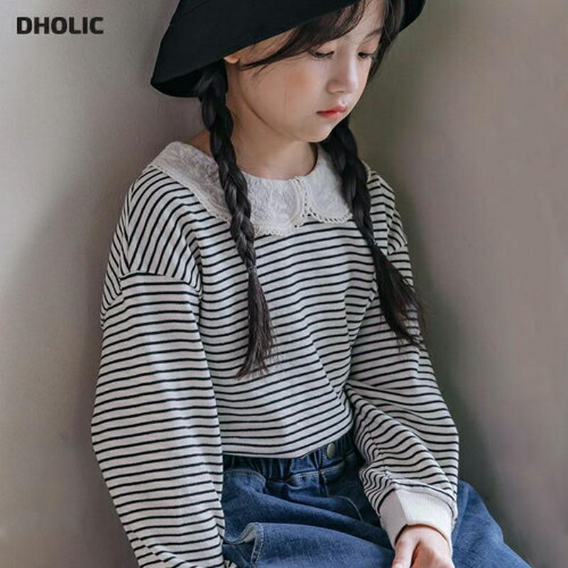 【新作10%OFF】レースラウンドカラーボーダーTシャツ・u04993 キッズ【3~8才】【tops】【トップス Tシャツ ロン