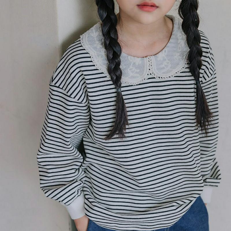 【新作10%OFF】レースラウンドカラーボーダーTシャツ・u04993 キッズ【3~8才】【tops】【トップス Tシャツ ロン